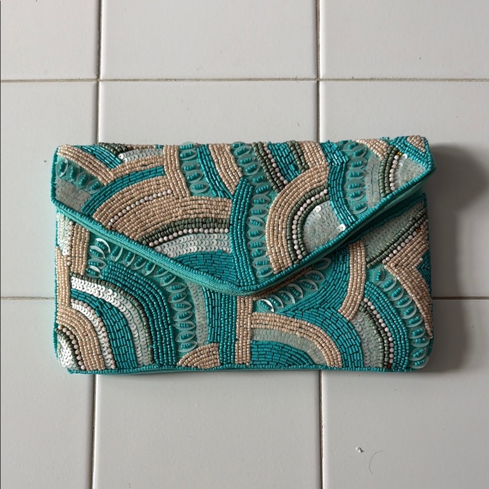 Teal and Beige Beaded Envelope Clutch